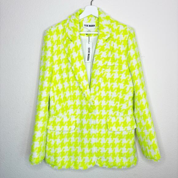 Steve Madden Harlow Fresh Lime Green Houndstooth Tweed Blazer L NWT - Picture 1 of 14